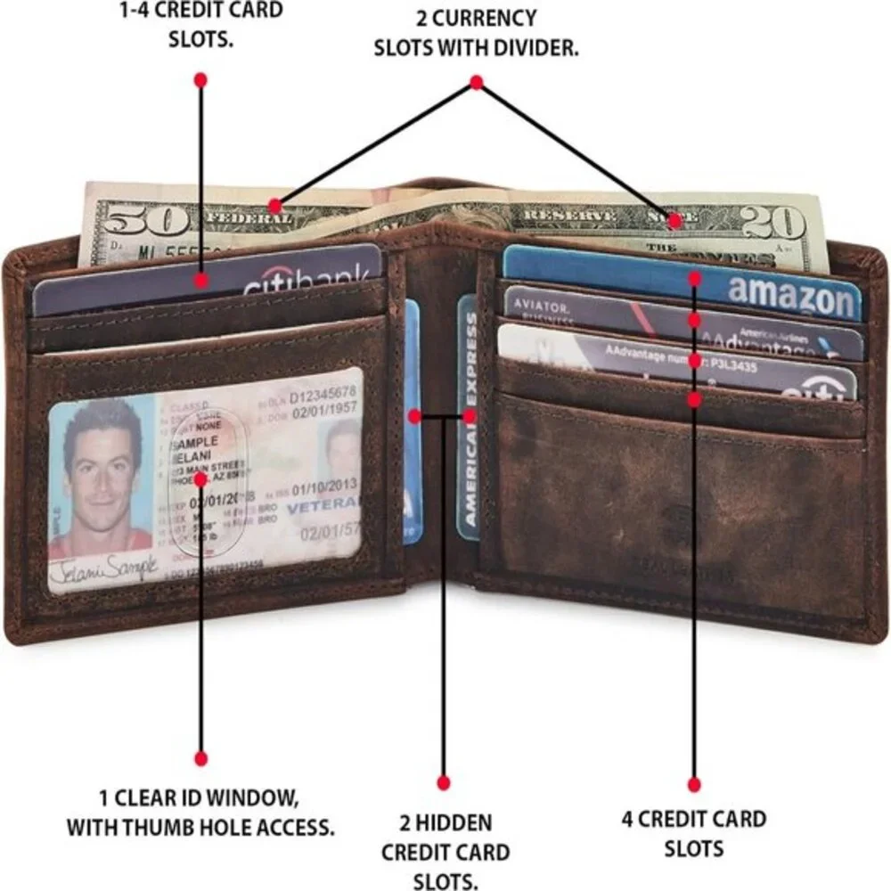 Real Leather Mens‎ Bifold Wallet RFID Blocking Slim Minimalist Front Pocket